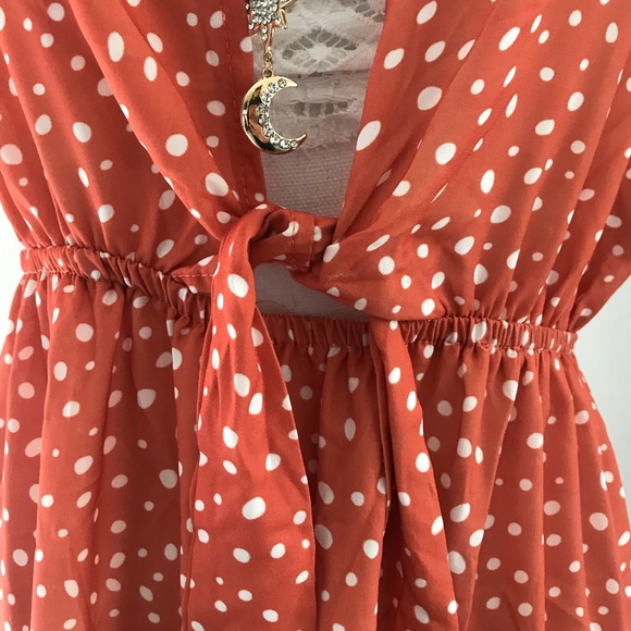 boutique deep v dress boho mini dress burnt orange dot print medium or large - Picture 3 of 9